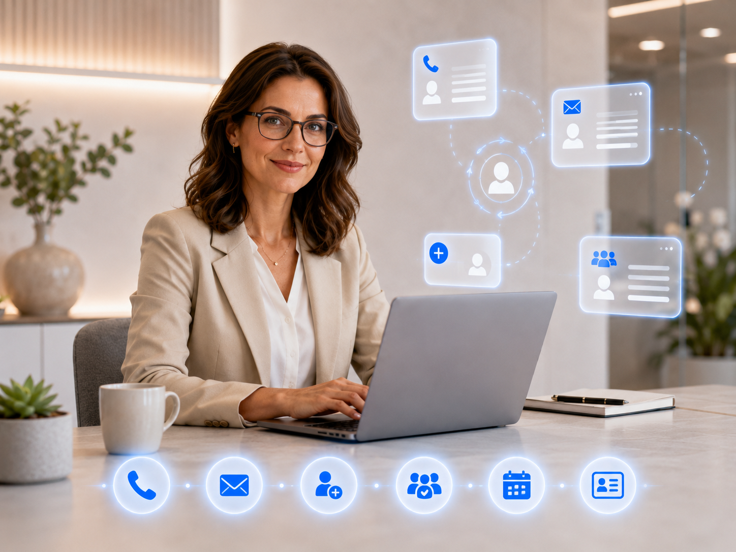 Woman sitting at desk with laptop surrounded by floating digital contact and communication icons